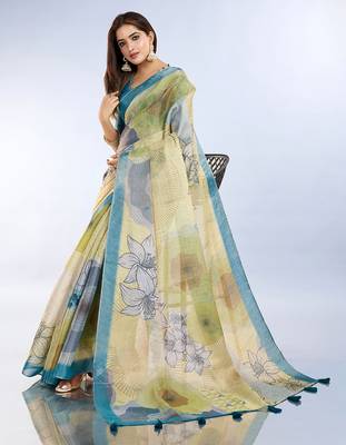 lemon printed art silk designer pallu saree 2