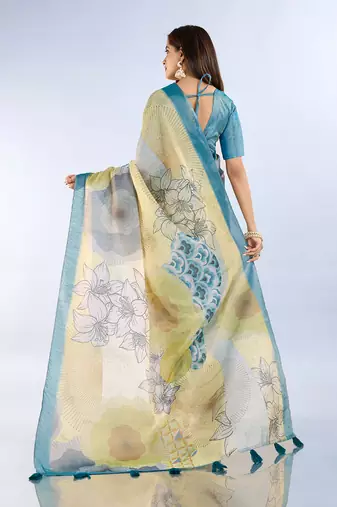 lemon printed art silk designer pallu saree