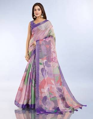 purple printed art silk designer pallu saree 1