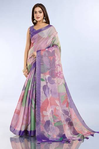 purple printed art silk designer pallu saree