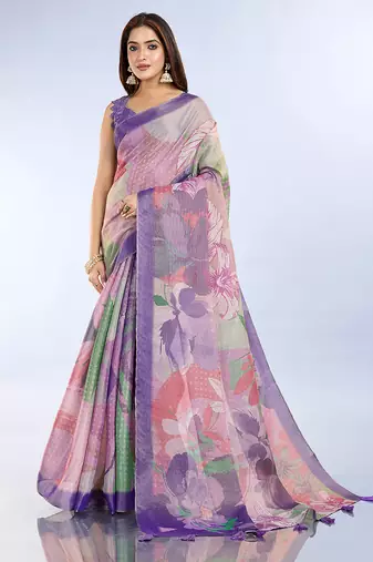 purple printed art silk designer pallu saree