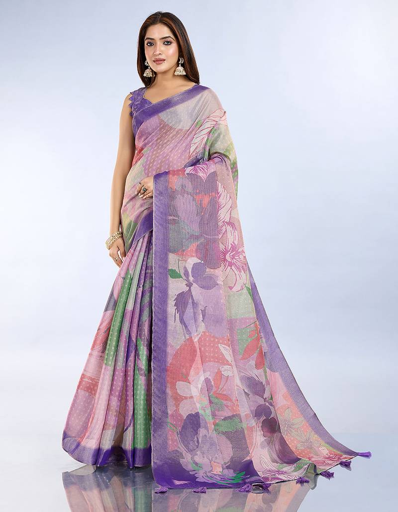 purple printed art silk designer pallu saree