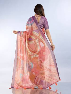 orange printed art silk designer pallu saree 3