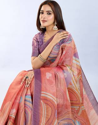 orange printed art silk designer pallu saree 4