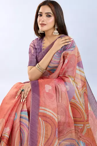 orange printed art silk designer pallu saree