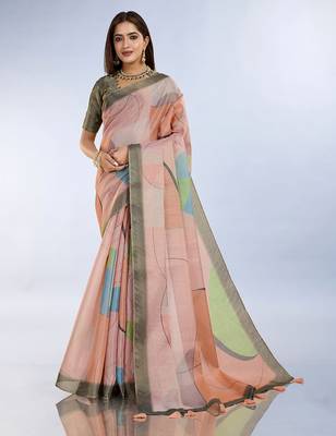light orange printed art silk designer pallu saree 1
