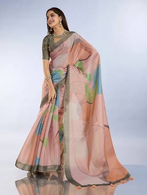 light orange printed art silk designer pallu saree 2