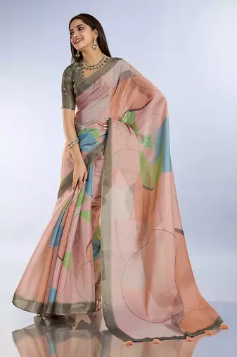 light orange printed art silk designer pallu saree