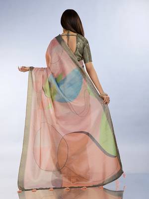 light orange printed art silk designer pallu saree 3