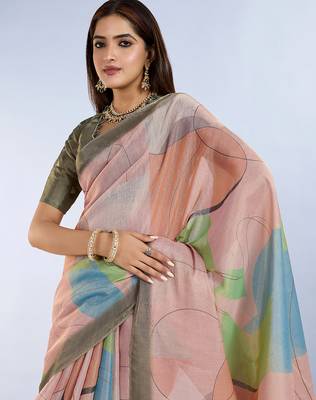 light orange printed art silk designer pallu saree 4