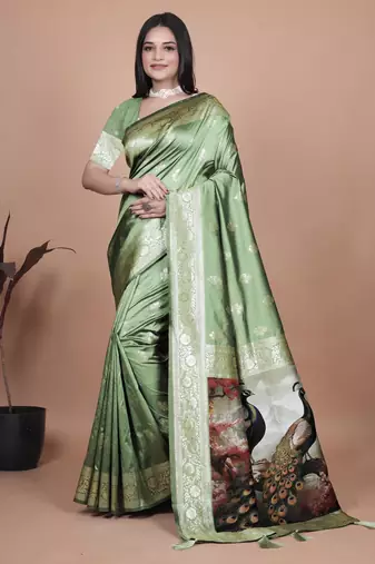 parrot green woven  designer pallu banarasi art silk saree