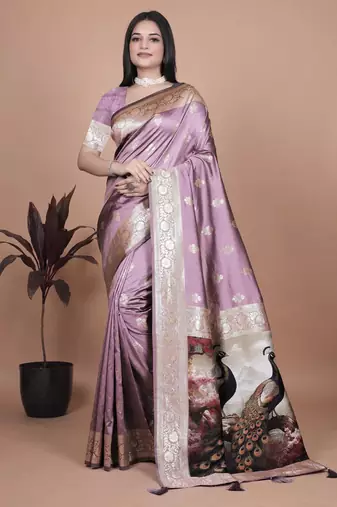 onion pink woven  designer pallu banarasi art silk saree