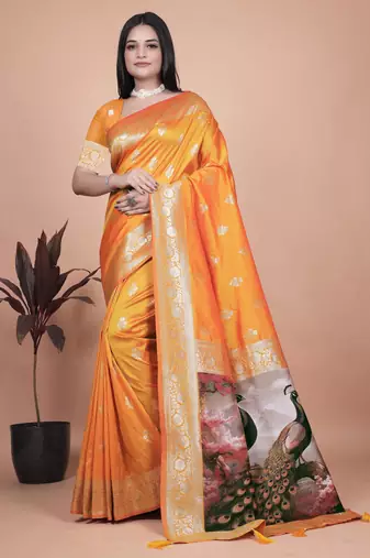 orange woven  designer pallu banarasi art silk saree