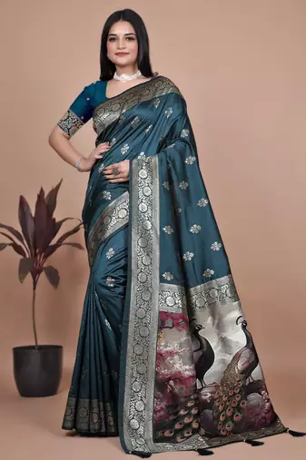 teal woven  designer pallu banarasi art silk saree