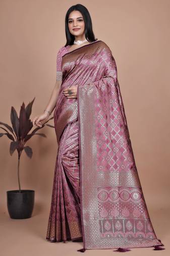 onion pink woven  designer pallu banarasi art silk saree