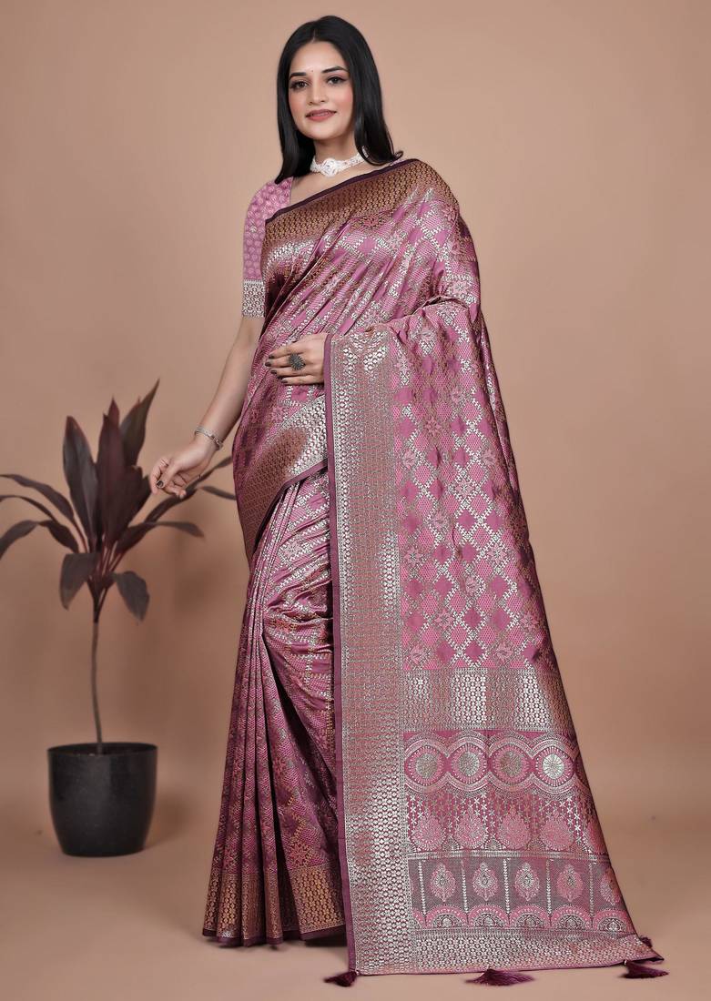 onion pink woven  designer pallu banarasi art silk saree