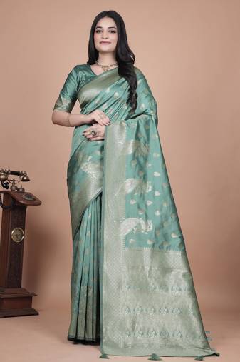 green woven  designer pallu banarasi art silk saree