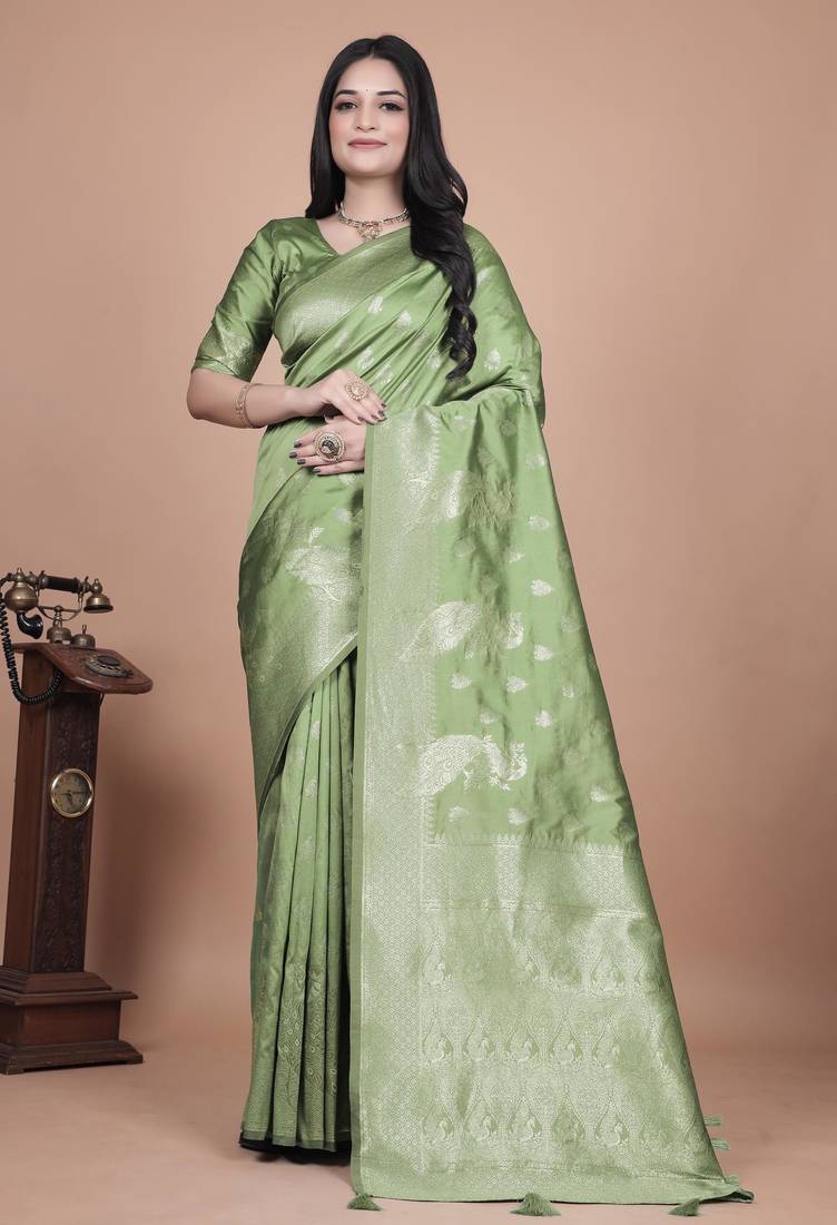 parrot green woven  designer pallu banarasi art silk saree