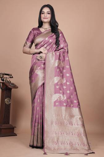 onion pink woven  designer pallu banarasi art silk saree