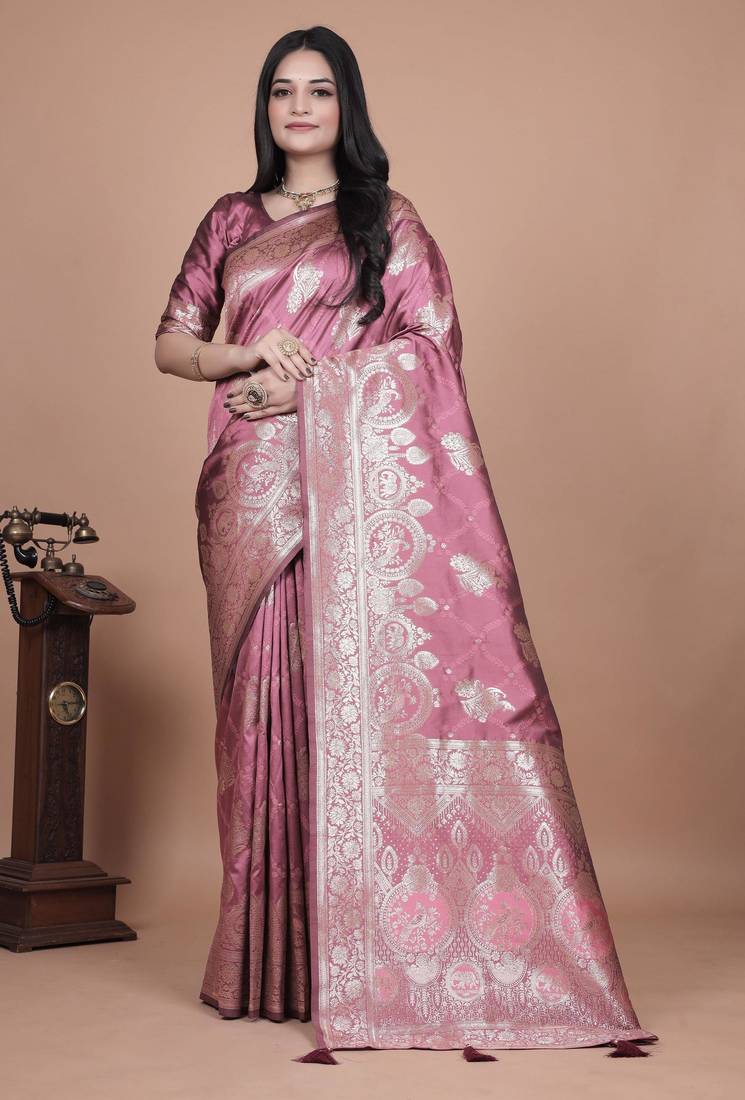 onion pink woven  designer pallu banarasi art silk saree