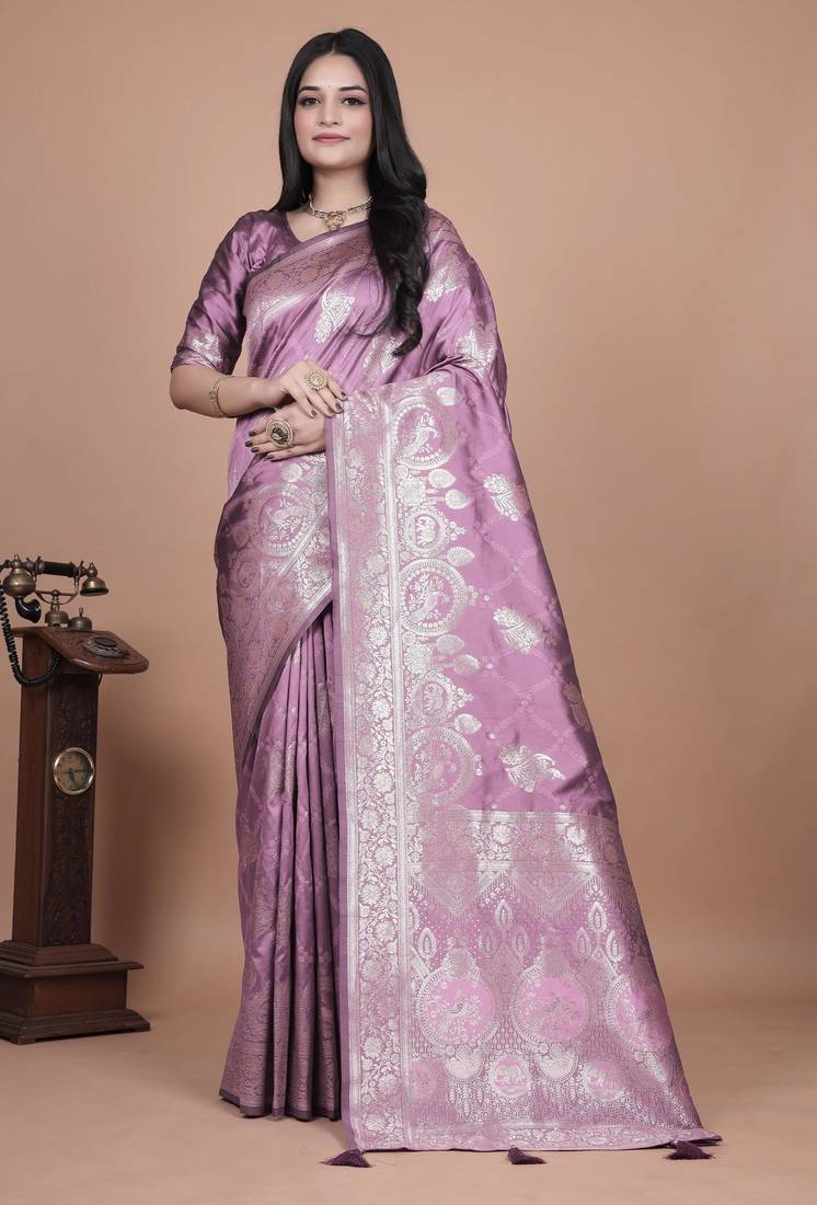 onion pink woven  designer pallu banarasi art silk saree