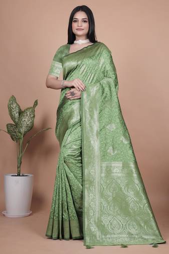 green woven  designer pallu banarasi art silk saree