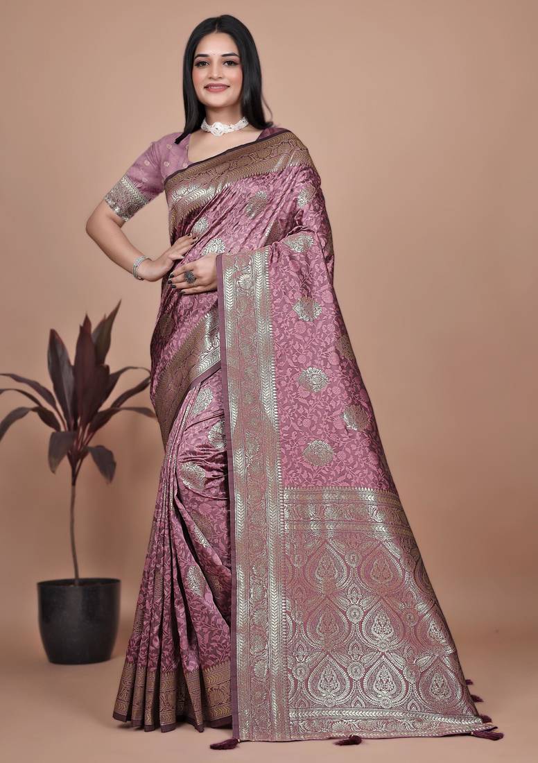 onion pink woven  designer pallu banarasi art silk saree