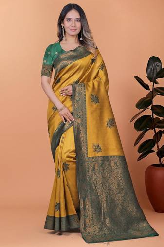 yellow woven  designer pallu banarasi art silk saree