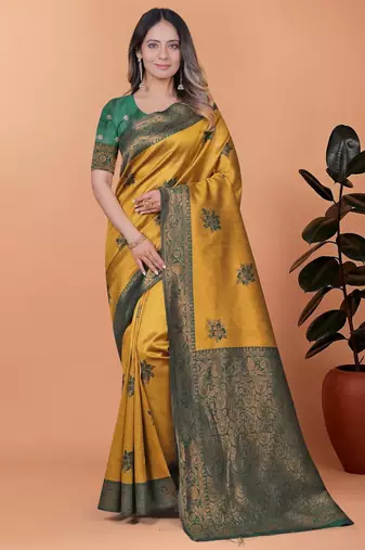 yellow woven  designer pallu banarasi art silk saree