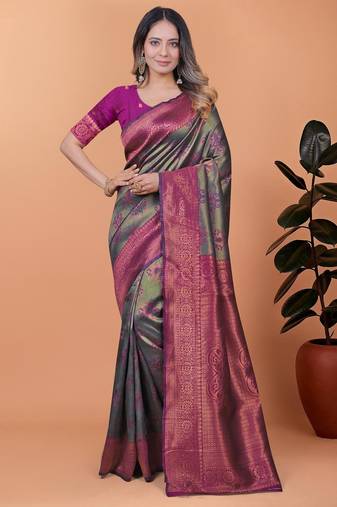 green woven  designer pallu banarasi art silk saree