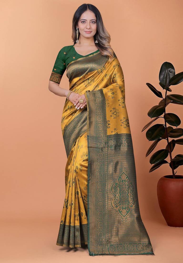 yellow woven  designer pallu banarasi art silk saree