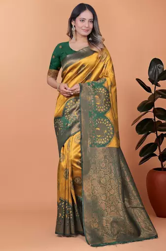 yellow woven  designer pallu banarasi art silk saree