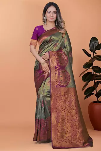 green woven  designer pallu banarasi art silk saree