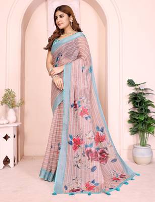 mustard printed  designer pallu linen saree 2