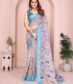lavender printed  designer pallu linen saree