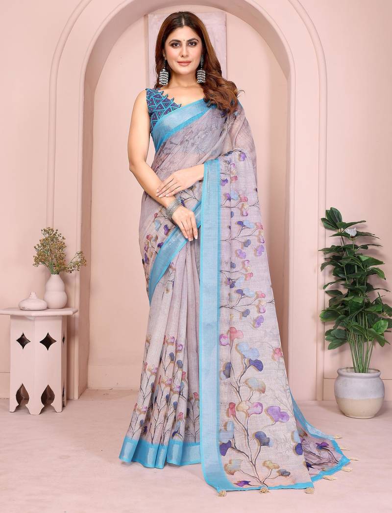 lavender printed  designer pallu linen saree