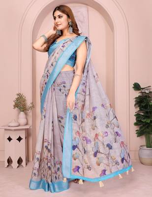 lavender printed  designer pallu linen saree 2