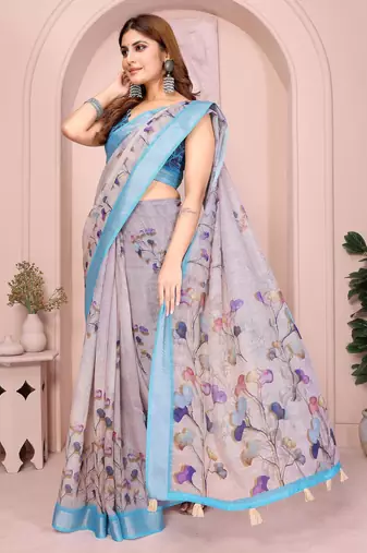 lavender printed  designer pallu linen saree