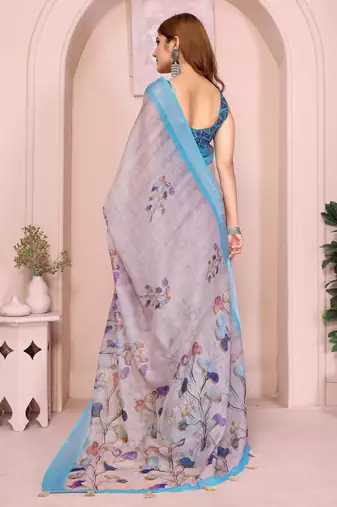 lavender printed  designer pallu linen saree