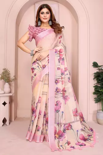 cream printed  designer pallu linen saree