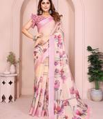 cream printed  designer pallu linen saree