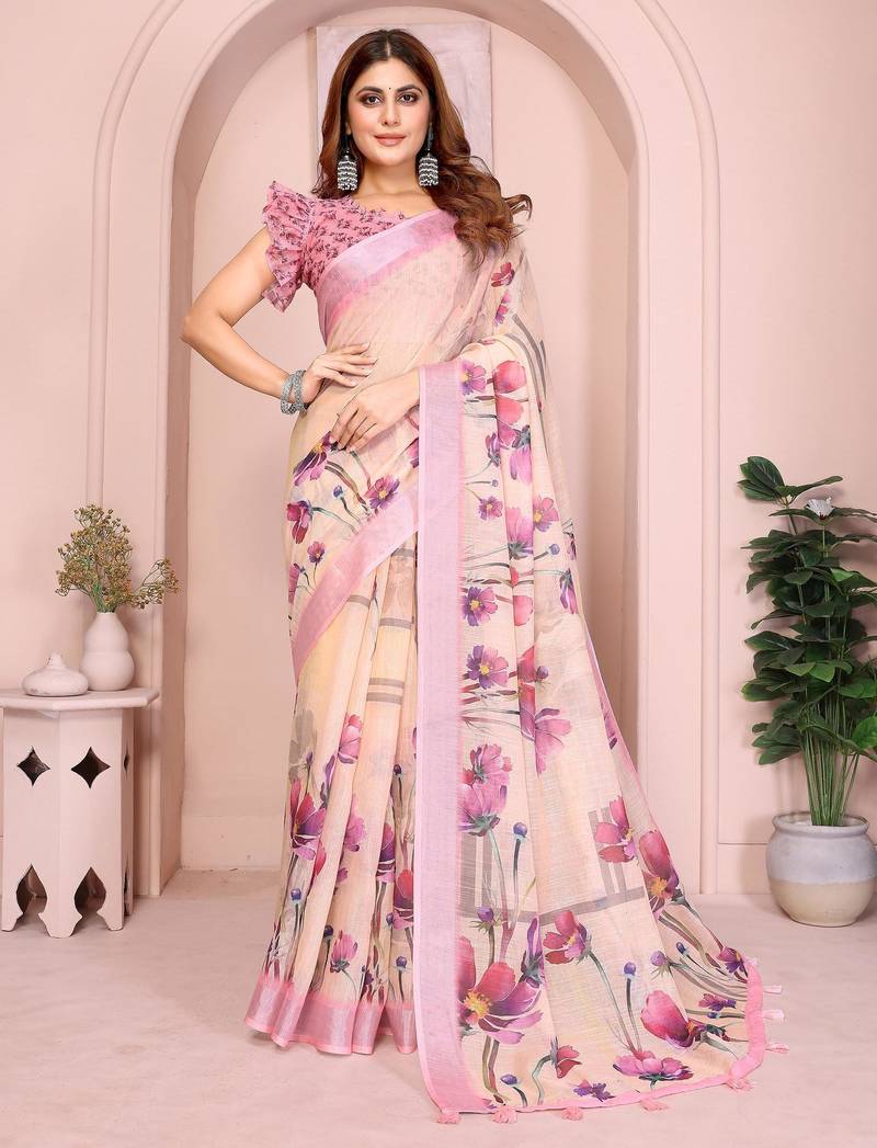 cream printed  designer pallu linen saree