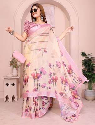 cream printed  designer pallu linen saree 2