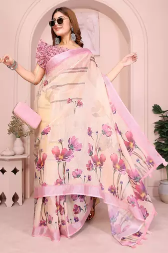cream printed  designer pallu linen saree