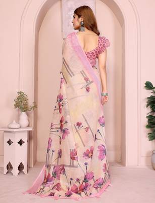 cream printed  designer pallu linen saree 3