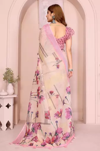 cream printed  designer pallu linen saree