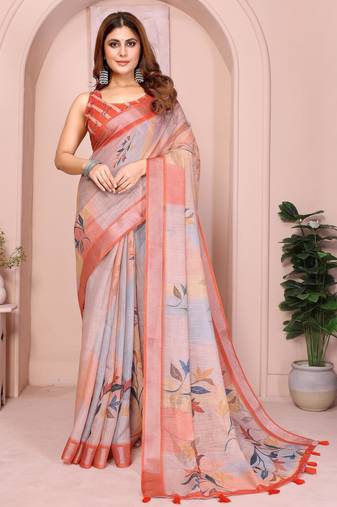 orange printed  designer pallu linen saree