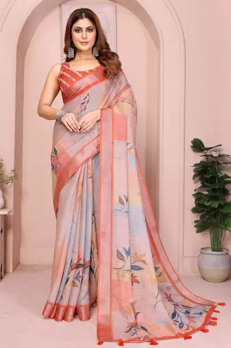 orange printed  designer pallu linen saree