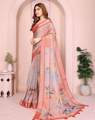 orange printed  designer pallu linen saree 2
