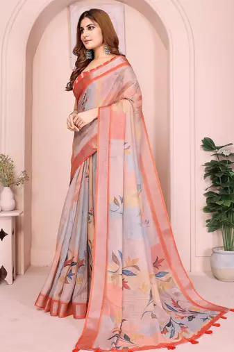 orange printed  designer pallu linen saree